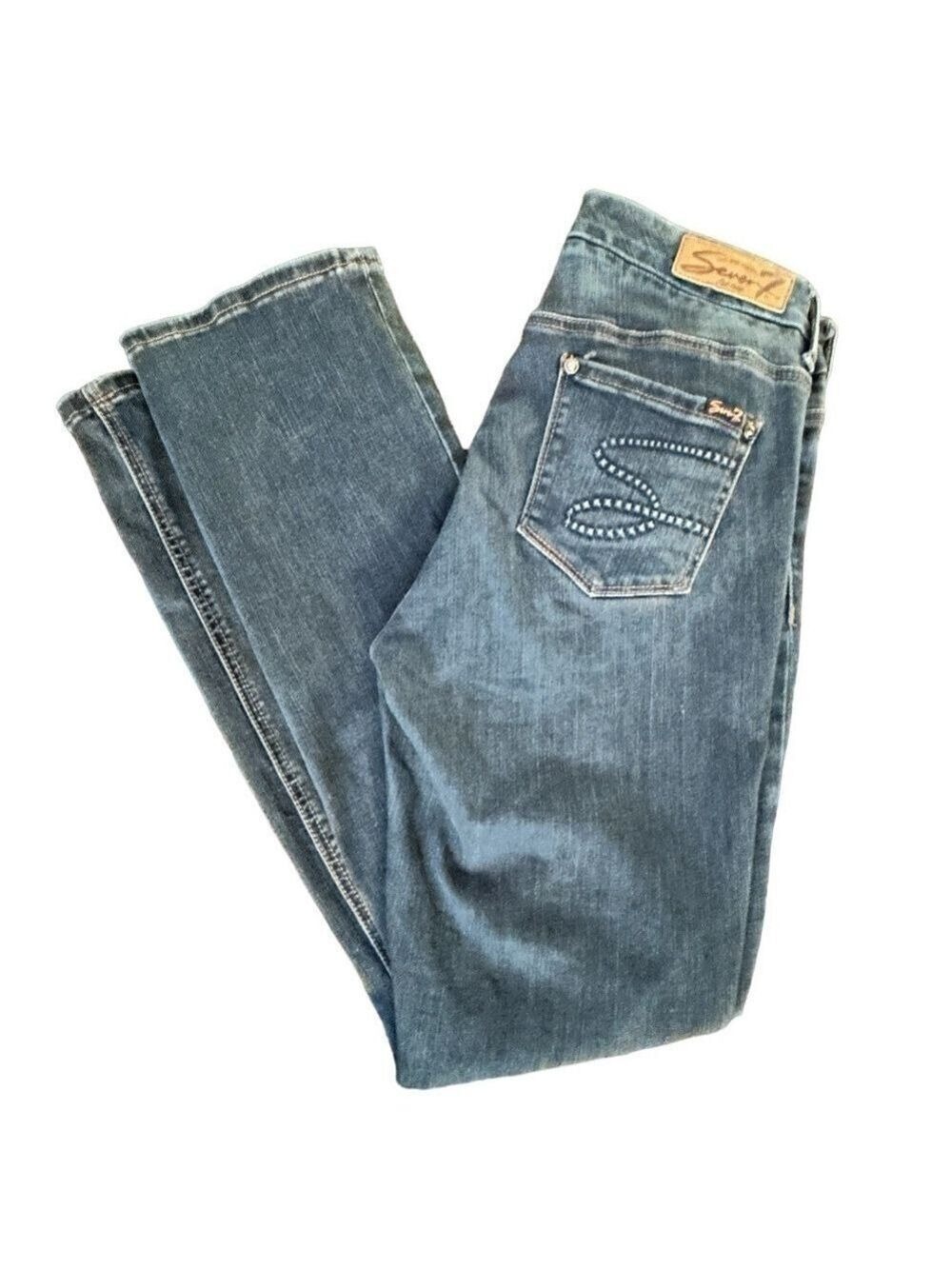 Seven7 Curvy Slim Boot Stretch Denim Blue Jeans Dark Wash Whiskering Size 10 EC